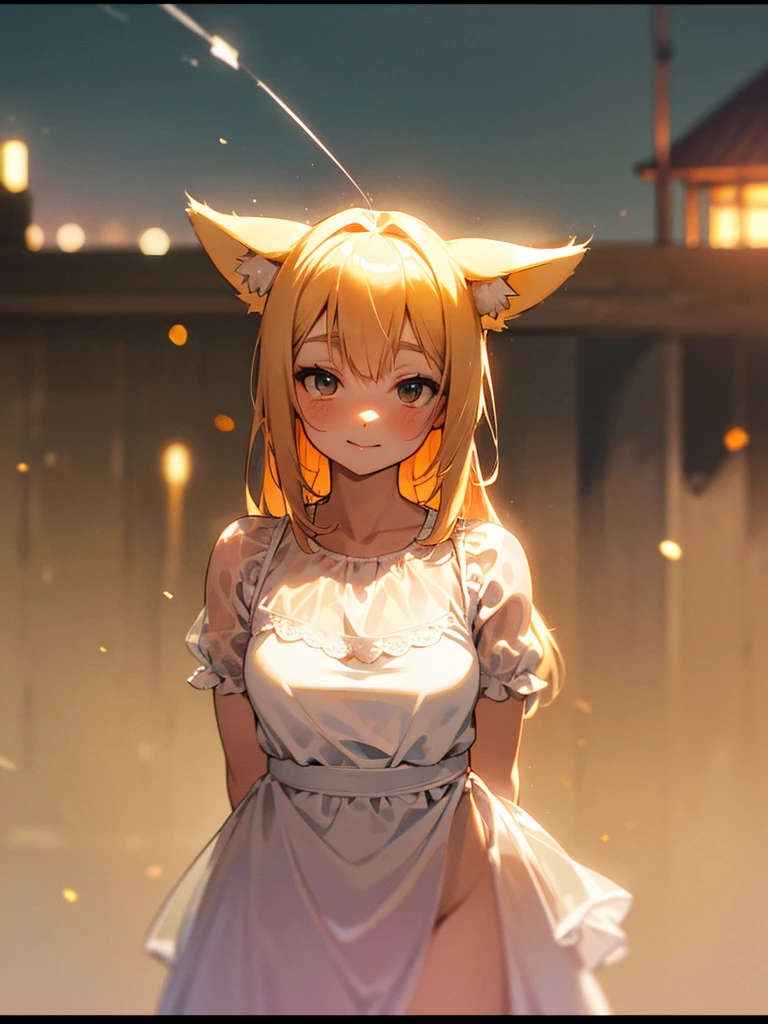 (Sumilux f1.4 24mm , low Latitude old color negative film , cross process , bokeh, flare, chromatic aberration , soft focus, (Shallow focus) , soft glow , Maximum aperture, High Key , Transparent depiction)  , dynamic wide angle , kawaii anime , Girl peering in , fox ear , round face , Summer dress, strong wind , The hem flutters , in the Roof of a house on a hill overlooking the sea , see-through , Body lines are visible