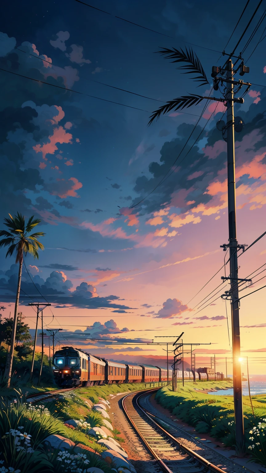 (masterpiece:1), (full anime view:1.5), (train trundles along the coastal tracks:1.6), (Lush palm trees sway in harmony:1.3), silence, (gentle lapping of waves:1.4), (white daisies growing around with long grass:1.2), magnificent sky, (Dim volumetric light:1.4), peaceful, (beautiful sky), (beautiful tones:1.5), (lofi ambience :1.4), (wires and poles: 1.4), (evening scene:1.3), (beautiful aesthetics:1.2), (scattered pink and blue sky:1.2), subtle colors, peaceful, (illustration: 1.0), epic composition, realistic lighting, HD details, masterpiece, best quality, ,