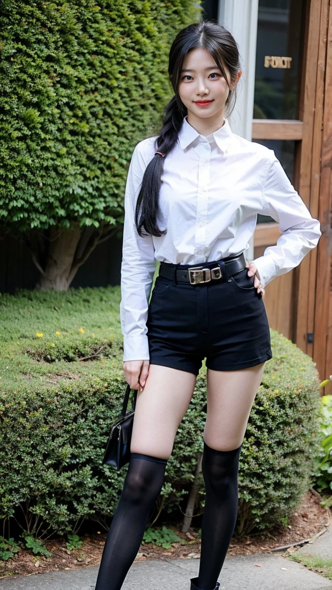 (8k、RAW Photos、Highest quality、masterpiece:1.2)、(Realistic、Realistic)、1 Girl、((Black shorts、ponytail、Check shirt、Thin legs、boots、tights、garden、View from the front、Looking at the camera、belt、Hands on your hips))、cute
