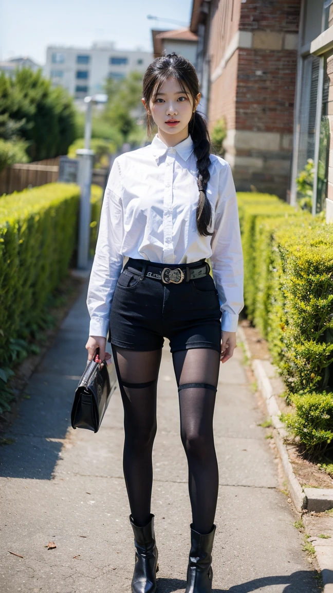 (8k、RAW Photos、Highest quality、masterpiece:1.2)、(Realistic、Realistic)、1 Girl、((Black shorts、ponytail、Check shirt、Thin legs、boots、tights、garden、View from the front、Looking at the camera、belt、Hands on your hips))、cute