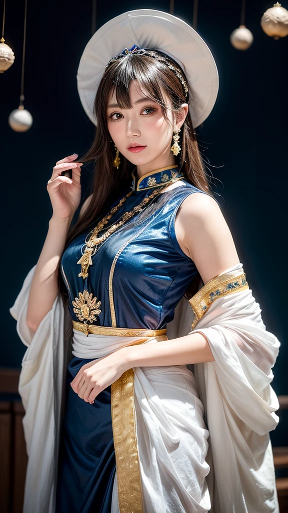A beautiful and elegant Japanese female fortune teller、Age: 18 to 21 years、Colorful jeweled hair ornaments、Jeweled frame、Hair is brown, almost black、Always place the crystal on the palm of your hand.、The light always shines from the crystal.、Crystal is always crystal、The background and clothes are gold、In the background there is a circle-shaped interstellar、Space in the background、The background color is dark blue、Image from the front、Camera-focused images、Ultra HD、Ultra-high resolution、Photorealistic、Traditional costumes of Dunhuang、Embroidered costume、Summer clothes、Glamorous Body、