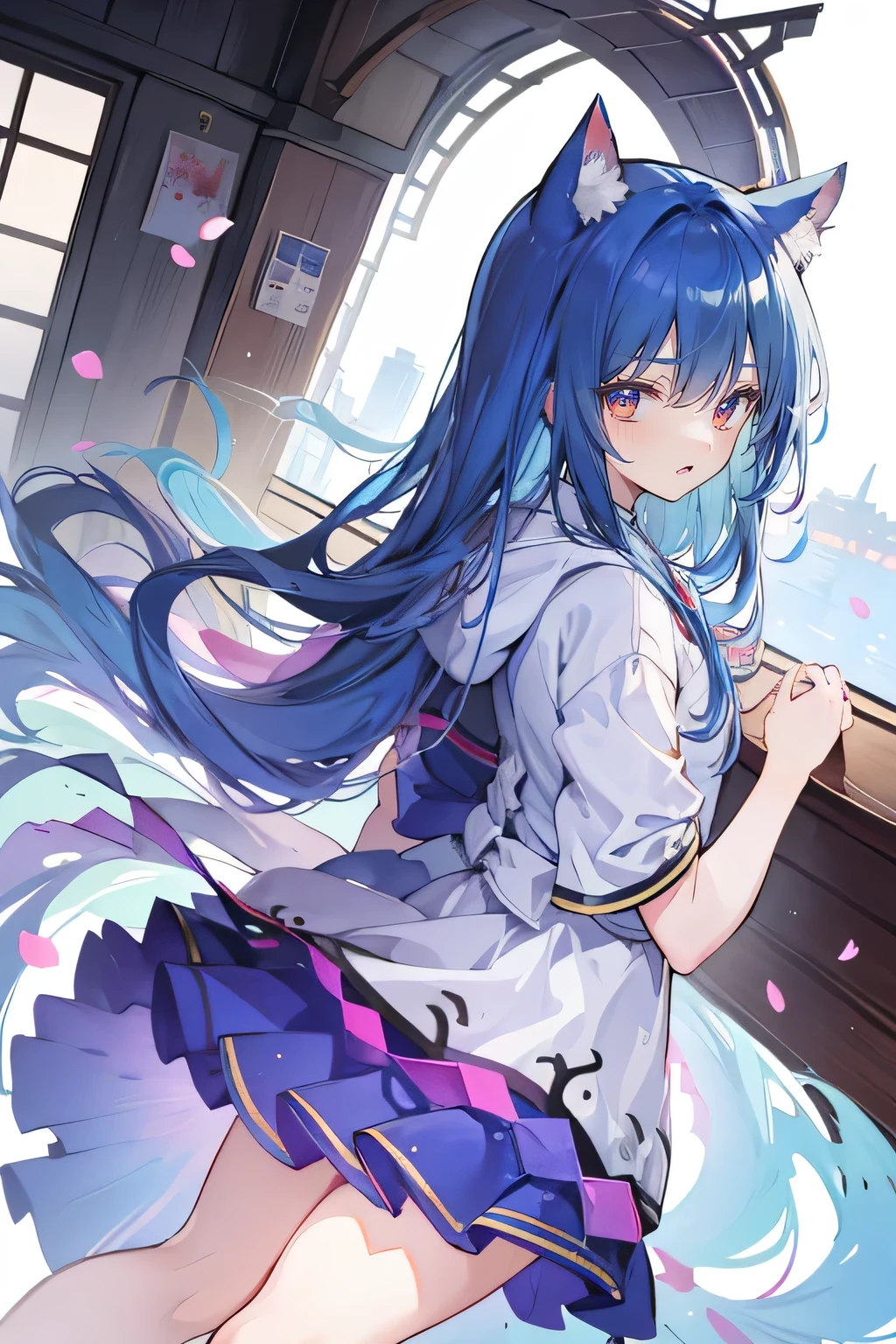 （masterpiece：1.2），Super detailed，lifelike，Expressive eyes，fair skin，perfect face shape，1 girl，
Japanese comics,Gorgeous blue hair,flowing blue hair,flowing clothes,Cat ears,Petals fall,beautiful lola,Baby Angel,
Shaking head with one hand，Cross your legs，Gentle and peaceful background，The pavilion is cool and comfortable,smile, wearing hoodie, background of tokyo,back views.