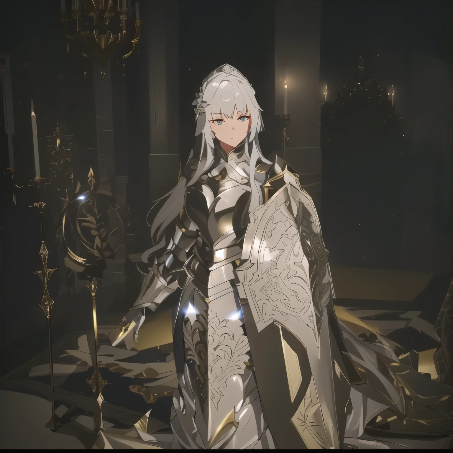there is a woman in a silver outfit standing in a room, but the armor covers her face, dressed in light armor, intricate white and gold armor, guweiz masterpiece, glossy white armor, inspired by Li Chevalier, guweiz, heavy white and golden armor, guweiz on artstation pixiv, guweiz on pixiv artstation