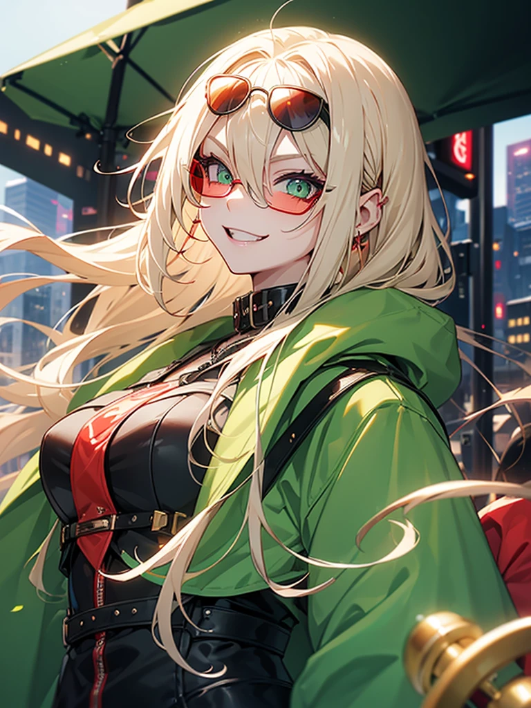 woman、Early 20s、Wicked Smile、Blonde、Long Hair、Green Eyes、Frameless sunglasses with red lenses、Face close-up、sexy、sexyなポーズ、Black tube top、Bright red long coat、R-18、City of night
