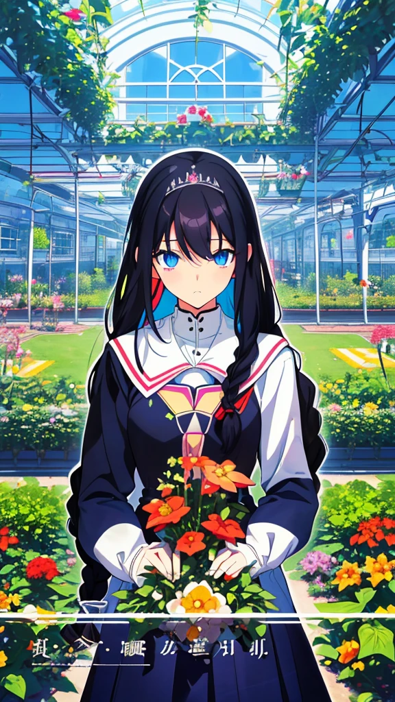 best quality, extremely detailed,anime style girl,long hair down to the waist, straight hair, ((dark black hair with bluish)),braid,beautiful detailed eyes, pinched eyes, (dark blue eyes),huge breasts,curvy,((((white main brightly colored princess school uniform)))),clothing with complex patterns,cool expression,((((school garden)))),((Diagonal angle))