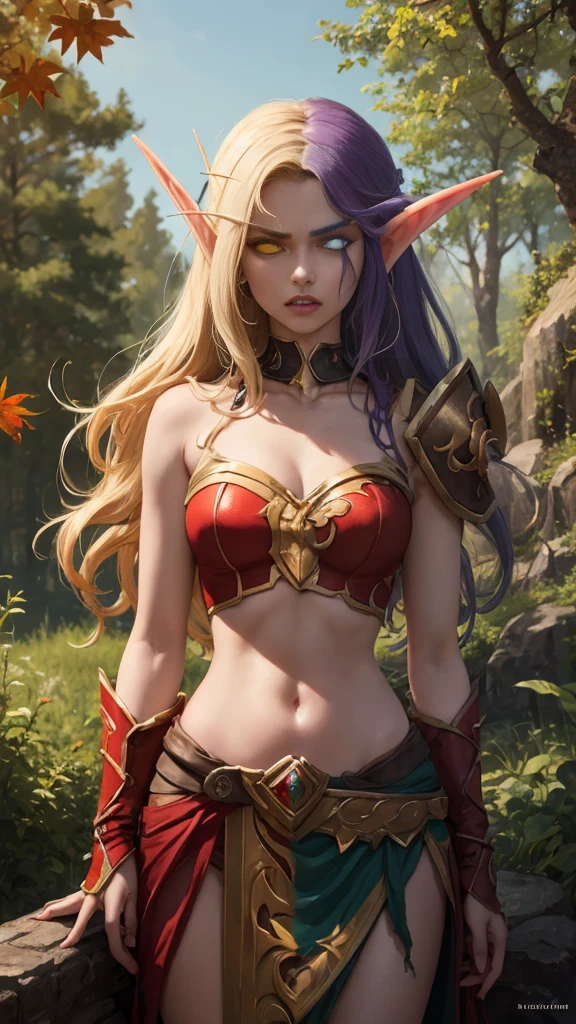 (Masterpiece, highly detailed, highly quality,  highly resolutions), SplitScreen, split screen, BREAK nightelf, angry, clenched teeth, glowing eyes, blue eyes, Purple Hair, colored skin, mature female, purple midriff, navel, purple spike shoulder pad, platinum trim, green leaves, jewelry, looking at viewer, forest, night, bare shoulders, spring season