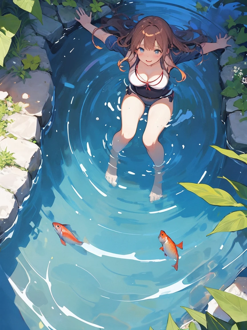 Woman walking on calm water, ((from above:1.5)), From above, Overlooking、Dancing Woman、Bottom Fish, Aquatic plants, Pool, Fish shadow

