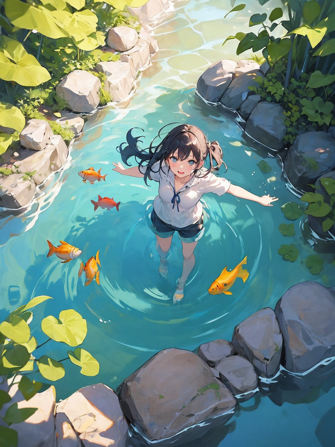 Woman walking on calm water, ((from above:1.5)), From above, Overlooking、Dancing Woman、Bottom Fish, Aquatic plants, Pool, Fish shadow
