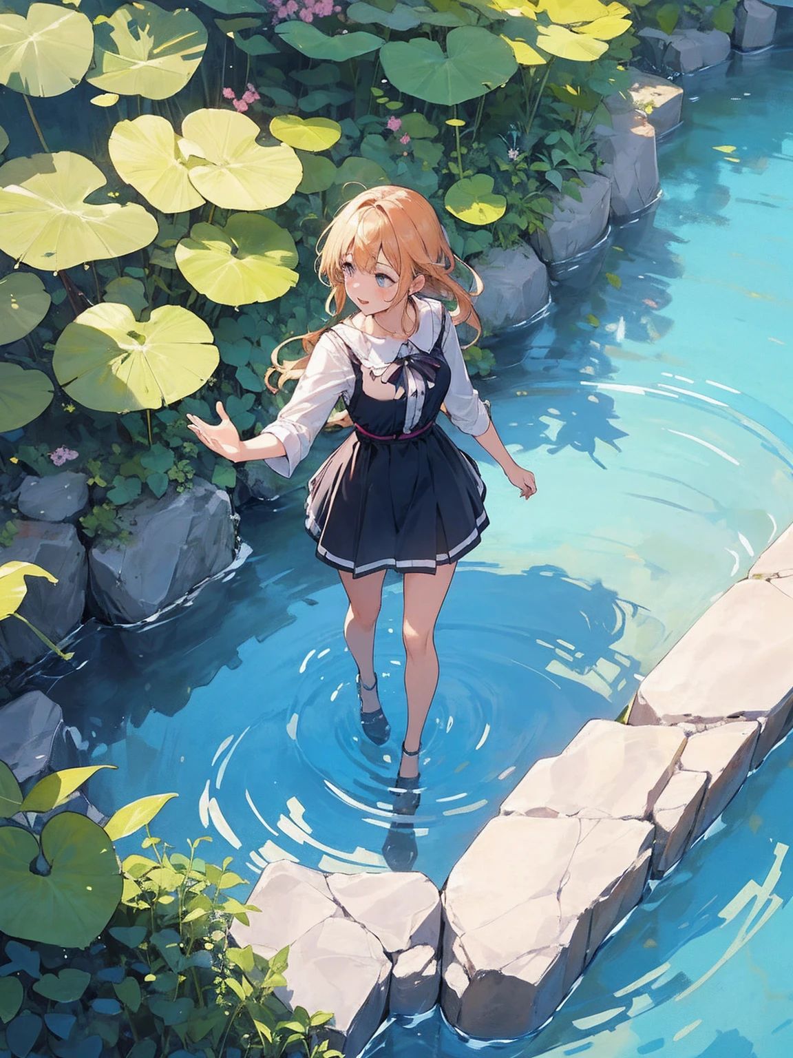 Woman walking on calm water, ((from above:1.5)), From above, Overlooking、Dancing Woman、Bottom Fish, Aquatic plants, Pool, Fish shadow
