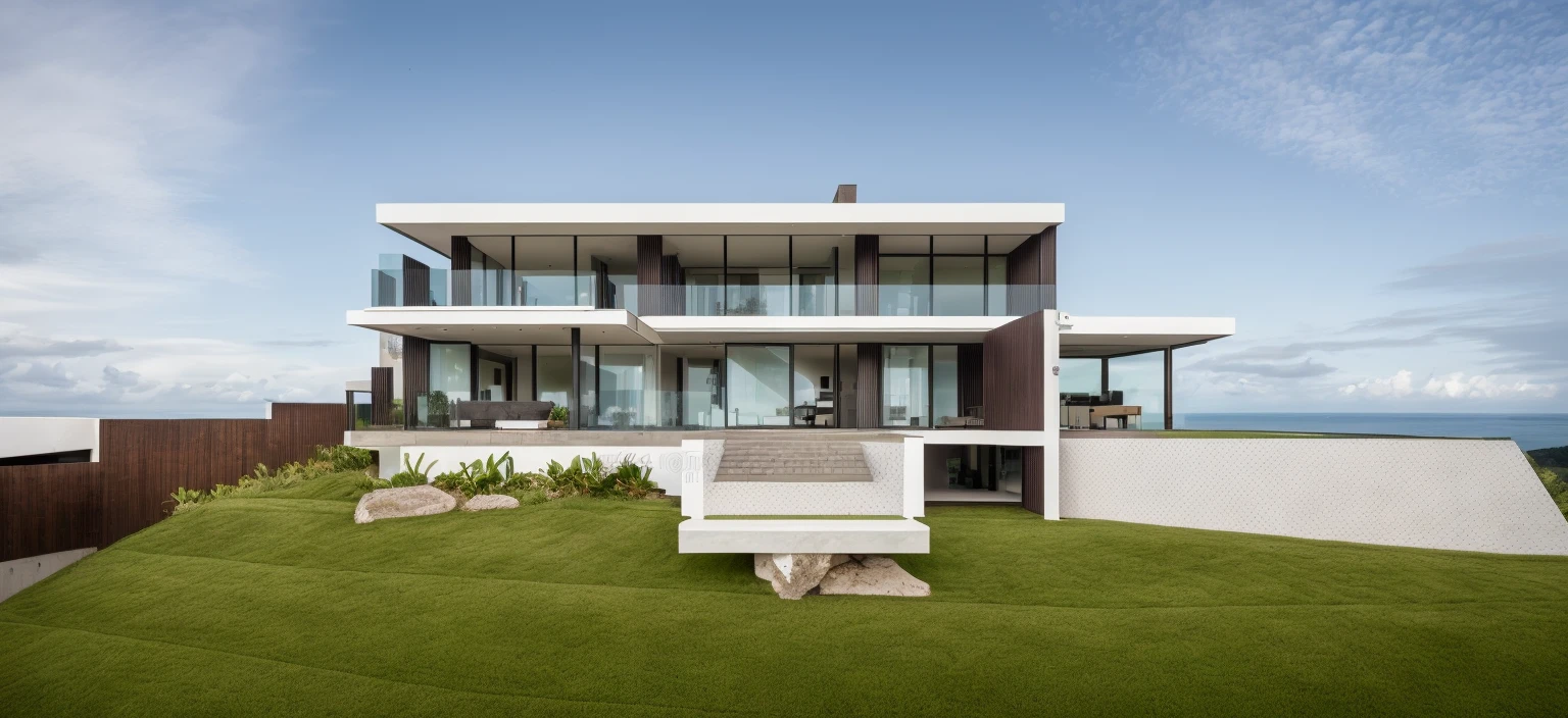 modern tropical villa on the hill, trees, plants, grass, forest, trees behind the villa, best quality, high quality, master piece, sun light, day light, glass door, super detail, glass railing, flat roof, white wall, stone fence, realistic photo, pool, wood ceiling, forest, stone fence on the left, grass embankment