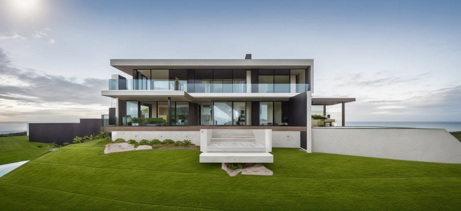 modern tropical villa on the hill, trees, plants, grass, forest, trees behind the villa, best quality, high quality, master piece, sun light, day light, glass door, super detail, glass railing, flat roof, white wall, stone fence, realistic photo, pool, wood ceiling, forest, stone fence on the left, grass embankment