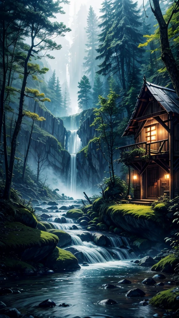 The atmosphere of a village deep in the forest where goblins live.,The trees covered half of the sky, Hazy mist, Flowing light flow, Small winding waterfall, Beautiful waterfall, Fairy tale house, Indoor lighting, dusk, Sunset, Calm stream