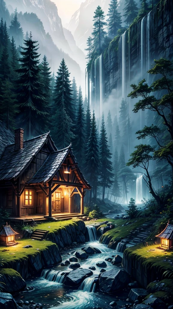 The atmosphere of a village deep in the forest where goblins live.,The trees covered half of the sky, Hazy mist, Flowing light flow, Small winding waterfall, Beautiful waterfall, Fairy tale house, Indoor lighting, dusk, Sunset, Calm stream