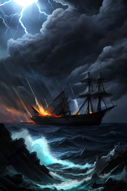 
A dark storm and a small, simple ship being destroyed by it.
