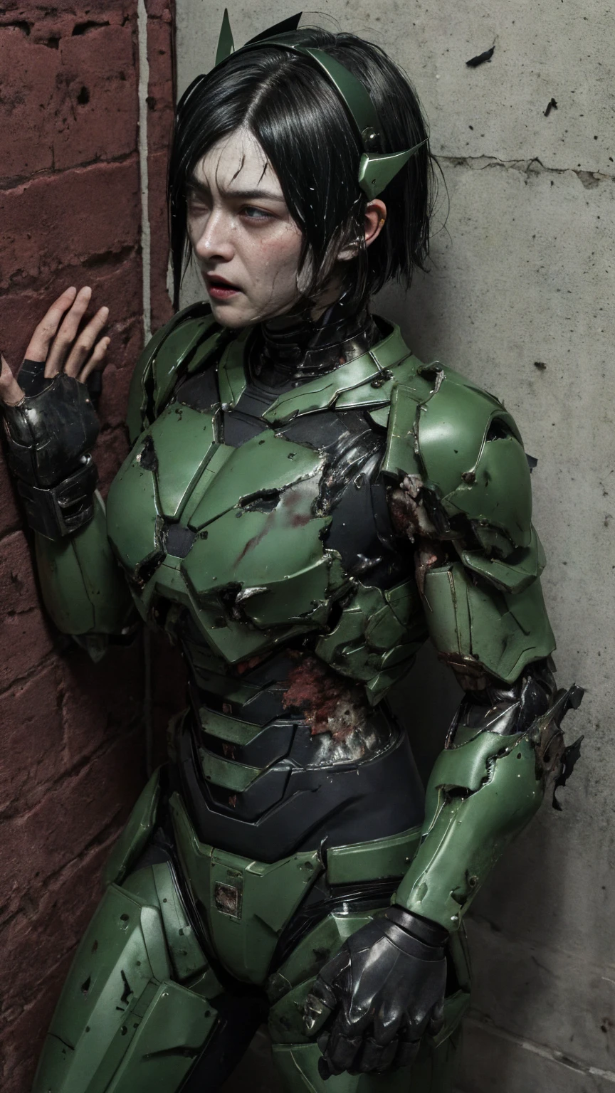 , Advanced Details, high quality, 最high quality, High resolution, 1080P 、傷口からのBleeding、Sexy Eyes、Wearing green and black、cute((The whole body is sweating))(Equipped with a damaged battle suit....)(Dark green armor)(Broken Armor)Black Hair、((Middle-aged women)) Chiquita、short hair、Open your mouth、Painful expression、It hurts again、 I was thrown against the wall、Head gear is broken. )) flying debris bare hands Armor Stripping Bleeding