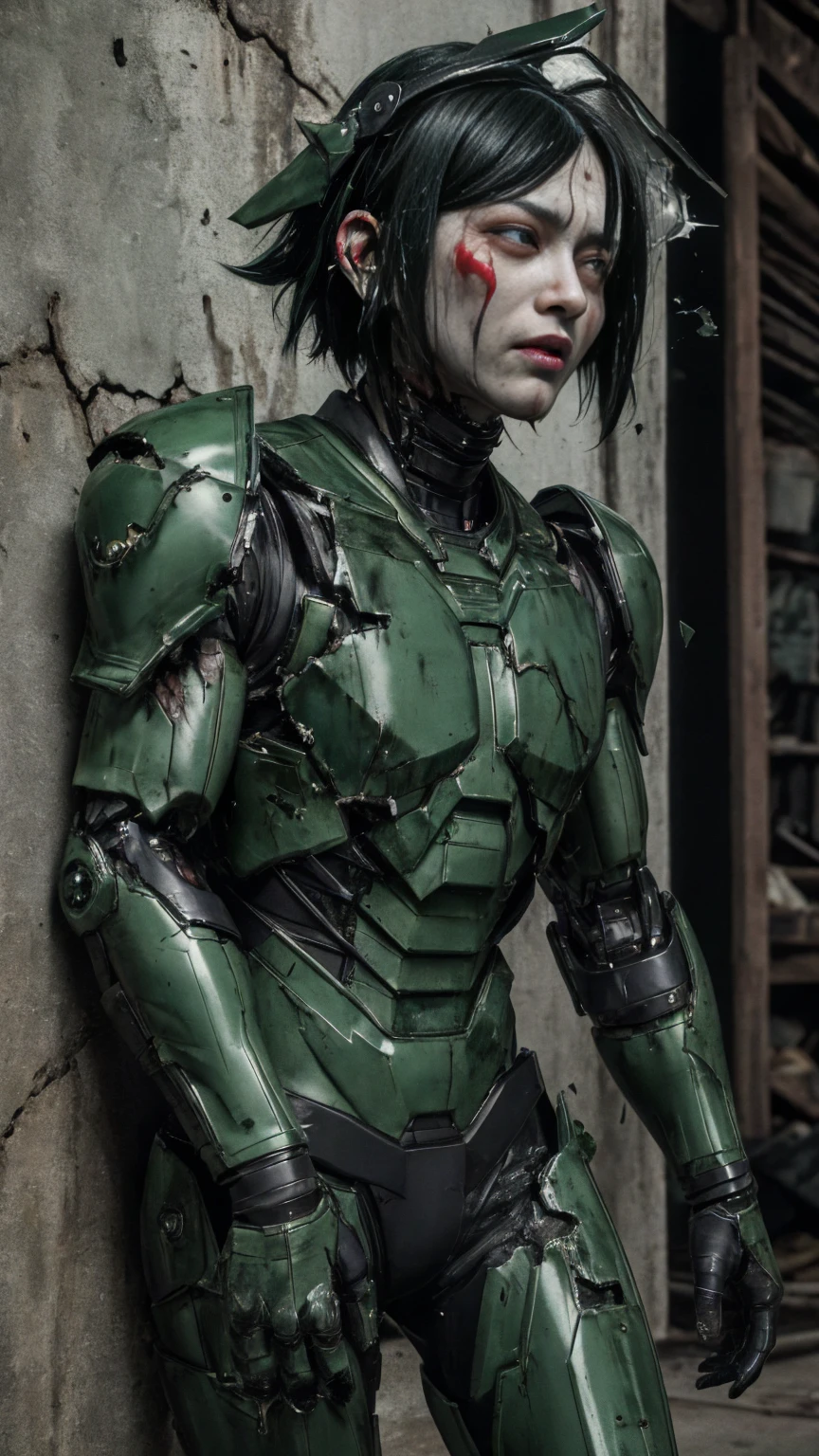 , Advanced Details, high quality, 最high quality, High resolution, 1080P 、傷口からのBleeding、 Eyes、Wearing green and black、cute((The whole body is sweating))(Equipped with a damaged battle suit....)(Dark green armor)(Broken Armor)Black Hair、((Middle-aged women)) Chiquita、short hair、Open your mouth、Painful expression、It hurts again、 I was thrown against the wall、Head gear is broken. )) flying debris bare hands Armor Stripping Bleeding