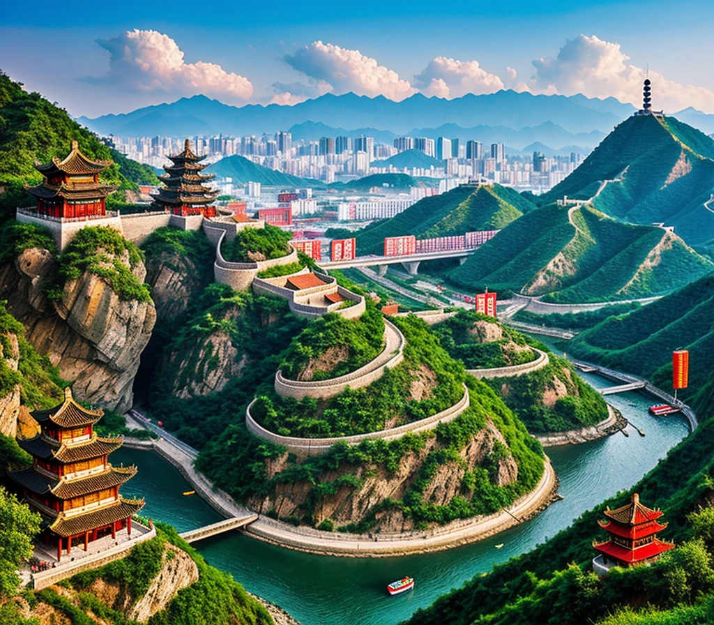 Pixel landscape art of an ancient bustling chinese city.