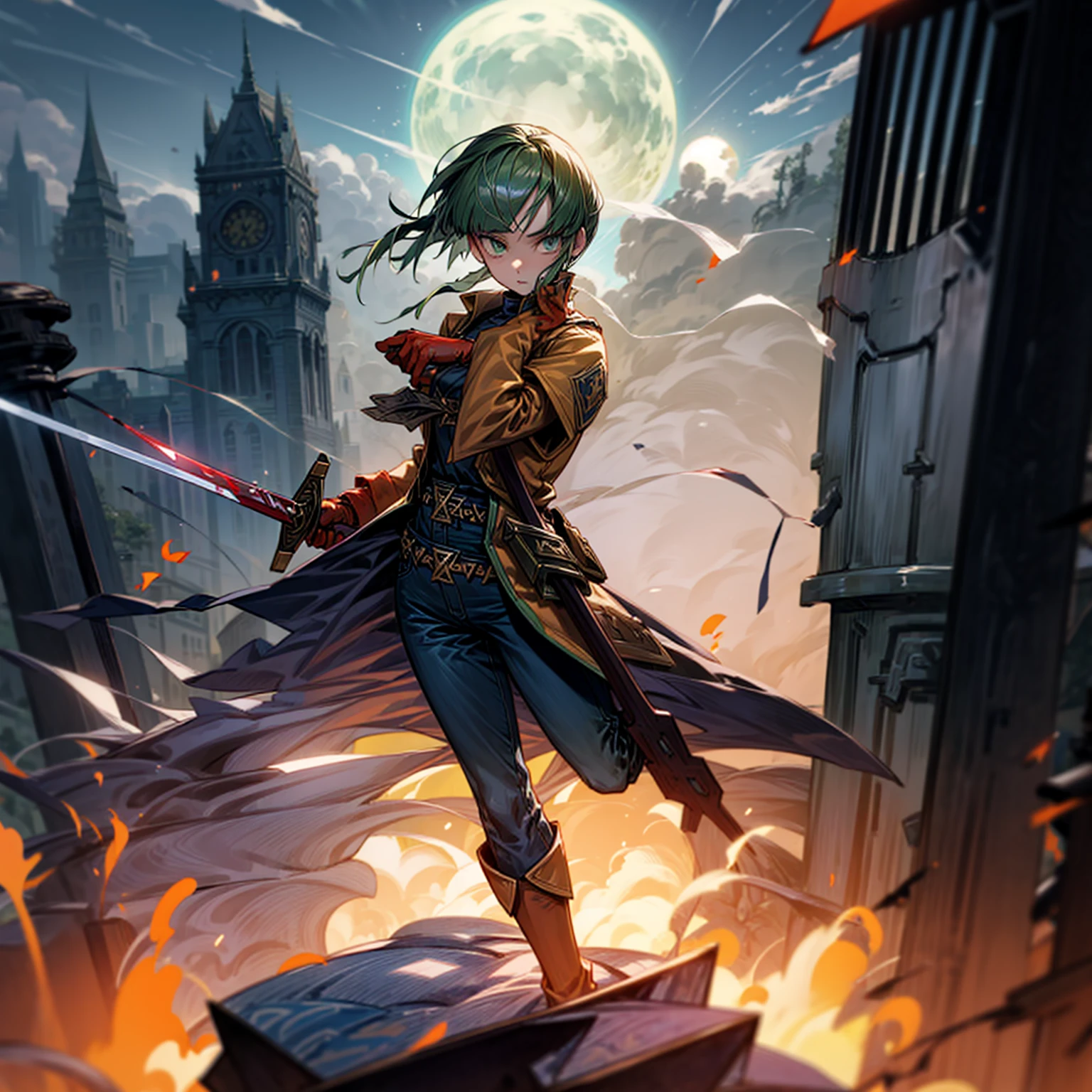 1girl, Full body version, 1character, green eyes, short haircut, (green color hair), soldier style clothing, red colour clothing, jacket, jeans, belt, boots, gloves, Grassroots, background On the roof of a city building, motion blur, (detective conan style art), sword in hand, fire effect on sword, lighting effect on sword, fire effect, smoke effect, aura effect, Moonlight, bloody background, blood on face, blood on shirt, blood on sword