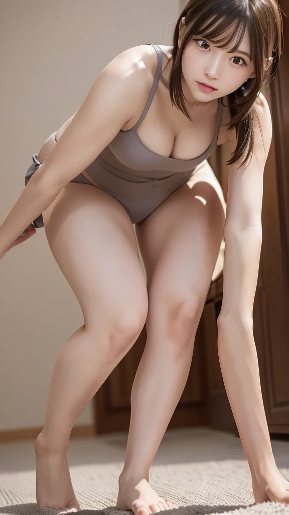 8k, RAW photo, best quality, masterpiece, realistic, photo-realistic, clear, professional lighting, beautiful face, best quality, ultra high res, (((full body))), 1 girl, 20 years old, beautiful, pretty face, cute face, bikini, medium breast, medium hair, sneer, lying on back, emphasizing the cleavage, in the bed, (((from below)))