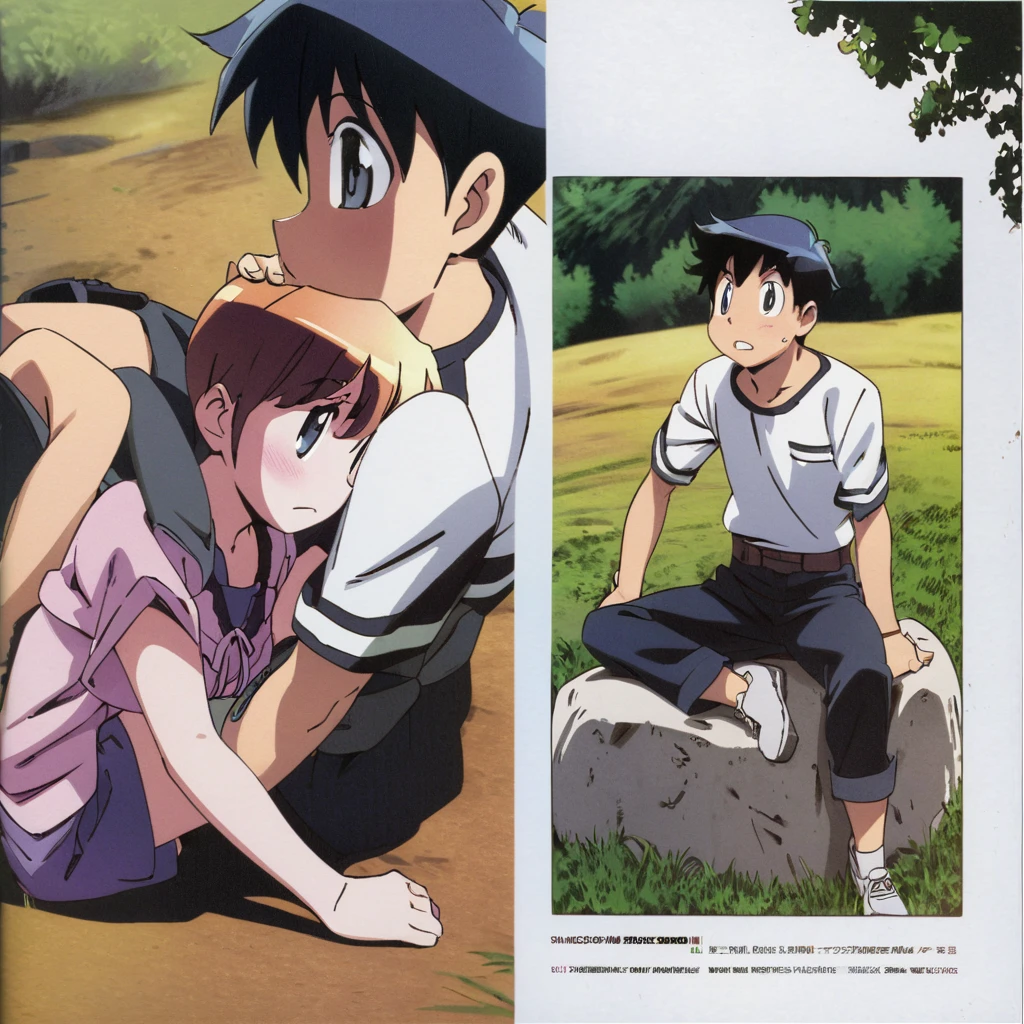 a boy and a girl, sitting on a stone, resting after a hike, manga page, manga shonen, manga art, manga panel 