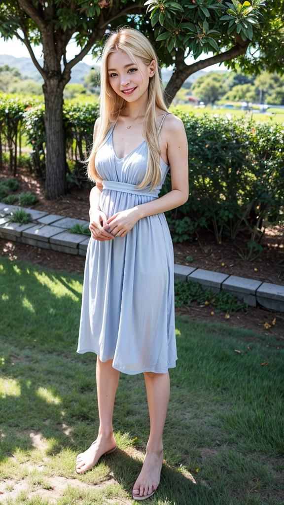 Highest quality,master piece,bloom,a girl, one girl,solo focus,,alone,full body,standing,posing,4K,8k,raw photo,long blonde hair, Beautiful eyes,Japanese women,Age 25,healthy,maternal,positive,bright,kind,Beautiful Skin,Fair skin,Highest quality,4K,8k,masterpiece,Young and beautiful,Attractive woman,Small breasts、An innocent smile、smile、teeth、The background is an orchard、Beautiful nature、There are many fruits、blue sky、The sun is dazzling、Simple casual style、one girl、Accurate hands、Accurate legs、Detailed hands and fingers、Anatomically correct body、one girl,one girl,very nice lady,one girl