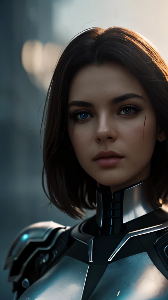 Medium photo of a sexy cyborg woman in scratched and tarnished futuristic armor in a destroyed futuristic city, Fantasy, Science fiction, beautiful feminine face, seductive, sexual, fog, bright alluring eyes, dramatic, A masterpiece of the highest quality, photorealistic, detailed, 8 K, HDR, shallow depth of field, cinematic lighting, blossom, the light sparkles, chromatic aberration, Sharp Focus