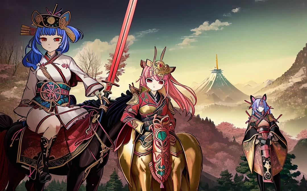 Female, (girls:1.5), (exceptional, best aesthetic, new, newest, best quality, anime, waifu:1.2), best quality, ultra detailed, absurdres, highres, colored, good anatomy, Japanese Samurai armor, swords, Kimono clothes, capes, cavalry, horse, horsemen, horsemen holding spear, red flags Japanese castle, mountain, tree