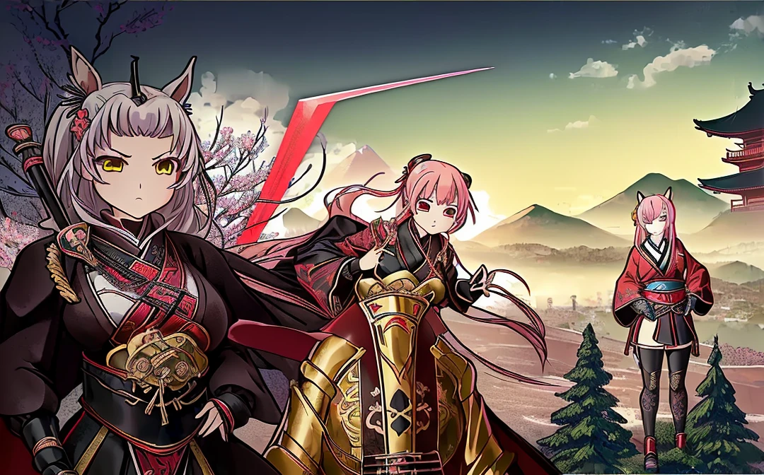 Female, (girls:1.5), (exceptional, best aesthetic, new, newest, best quality, anime, waifu:1.2), best quality, ultra detailed, absurdres, highres, colored, good anatomy, Japanese Samurai armor, swords, Kimono clothes, capes, cavalry, horse, horsemen, horsemen holding spear, red flags Japanese castle, mountain, tree