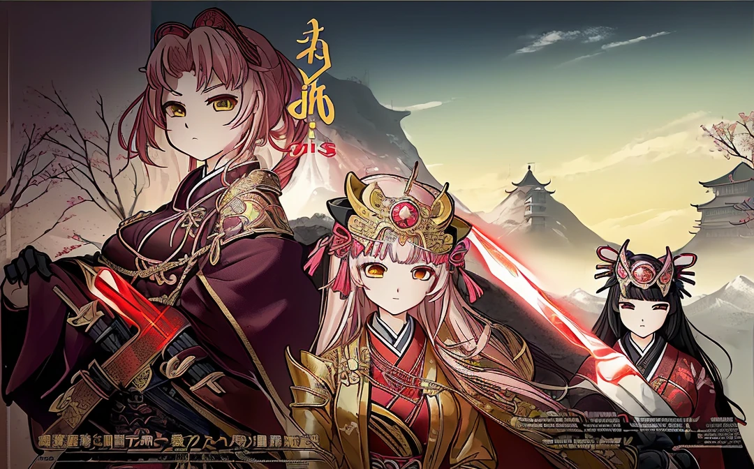 Female, (girls:1.5), (exceptional, best aesthetic, new, newest, best quality, anime, waifu:1.2), best quality, ultra detailed, absurdres, highres, colored, good anatomy, Japanese Samurai armor, swords, Kimono clothes, capes, cavalry, horse, horsemen, horsemen holding spear, red flags Japanese castle, mountain, tree