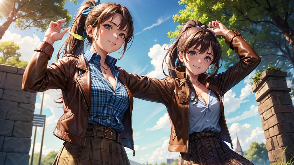 girl, solo, village, trees, sun, clouds, ((brown hair)), ponytail, large breasts, ((brown leather jacket)), button down shirt, ((blue checked shirt)), ((unbuttoned shirt)), unbuttoning buttons, cleavage 1:3, green eyes, long skirt, brown boots, smile, happy, looking at the viewer, standing, hair ribbon, golden necklate, wind