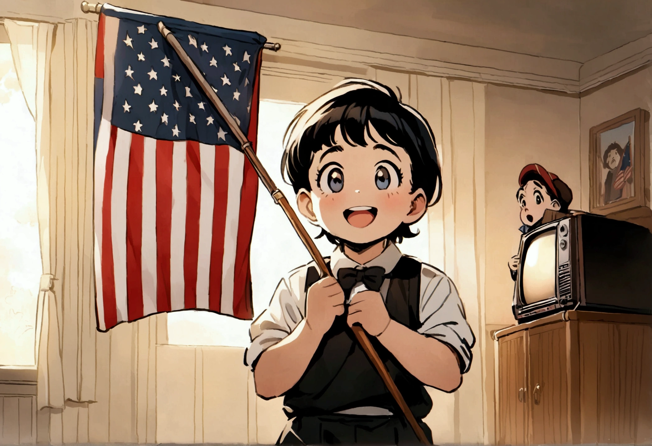 Classic TV, the little rascals, playfully hold up a MAGA banner, An american flag in the background
