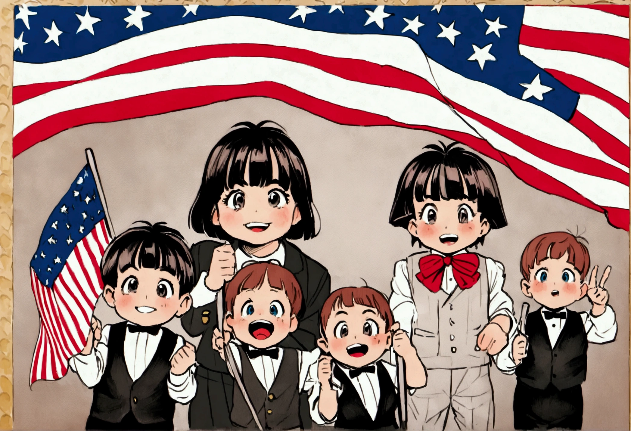 Classic TV, the little rascals, playfully hold up a MAGA banner, An american flag in the background
