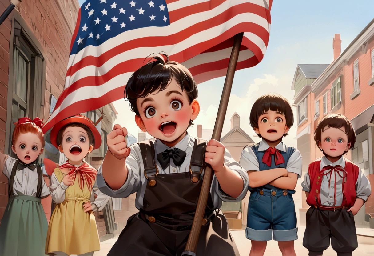 Classic TV, the little rascals, playfully hold up a MAGA banner, An american flag in the background