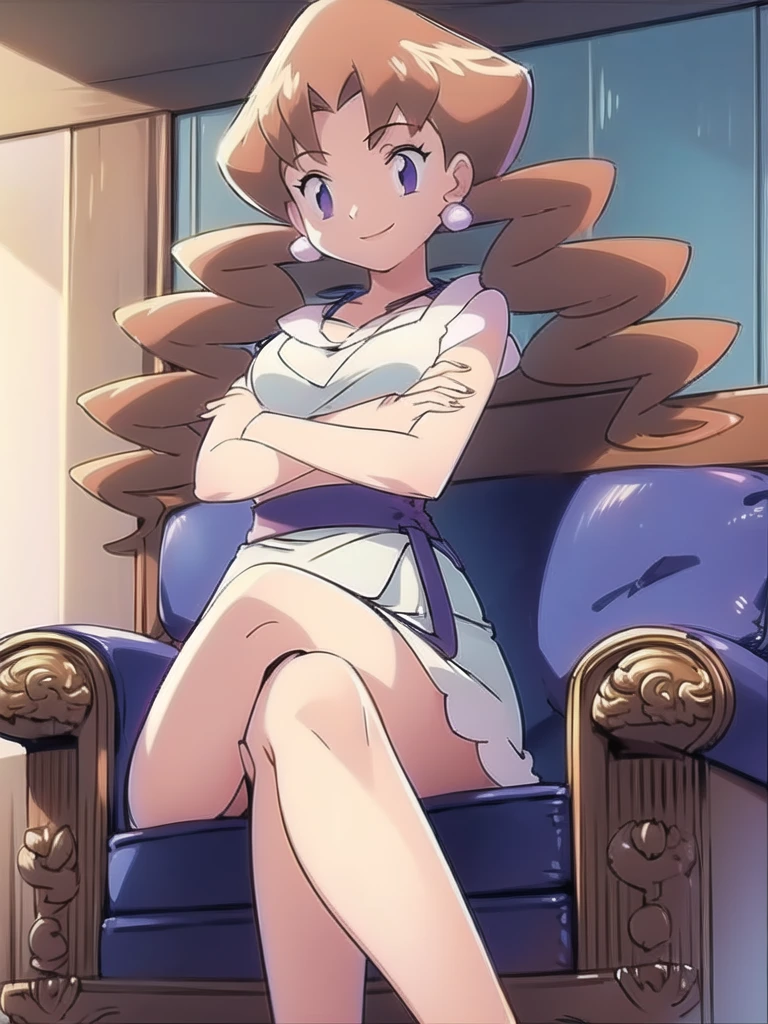 1girl, solo, sitting, looking_down, smile,crossed_legs, crossed_arms, masterpiece, high quality, best quality, Caroline_(pokemon)