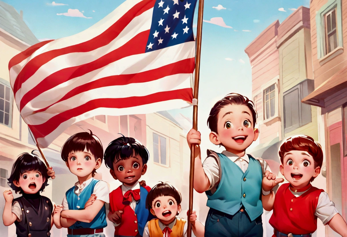 Classic TV, the little rascals, playfully hold up a MAGA banner, An american flag in the background
