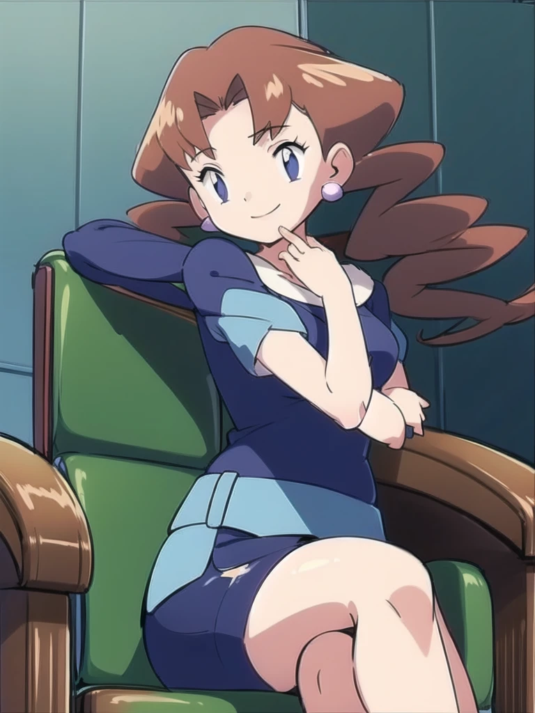 1girl, solo, sitting, looking_down, smile,crossed_legs, crossed_arms, masterpiece, high quality, best quality, Caroline_(pokemon)