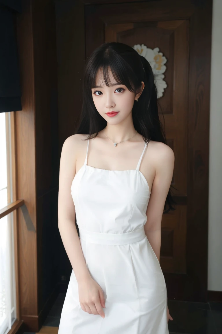 ulzzang-6500-v1.1,(raw photo:1.2),((photorealistic:1.30)), ((best quality)) ,((masterpiece)),((Ultra High Resolution)), ((Clear View)),,Ultra-high resolution,Clear face,(Reality:1.4) , illustration, an extremely delicate and beautiful, extremely detailed ,CG ,unity ,8k wallpaper, Amazing, finely detail, masterpiece,best quality,official art,extremely detailed CG unity 8k wallpaper,absurdres, incredibly absurdres, huge filesize, ultra-detailed, highres, extremely detailed,beautiful detailed girl, extremely detailed eyes and face, beautiful detailed eyes,light on face,cinematic lighting,1girl, 独奏, long hair, twintails,brown hair,bare shoulders, jewelry, collarbone, earrings,smile, necklace, apron, (full body), standing, Tattoos,