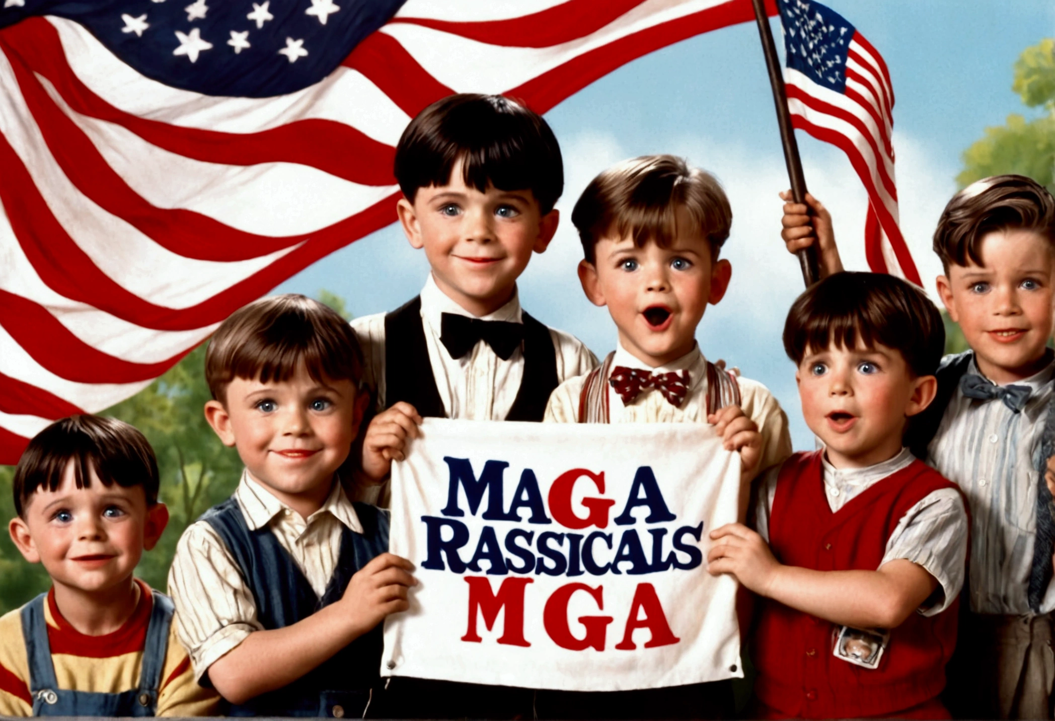 Classic TV, the little rascals, playfully hold up a MAGA banner, An american flag in the background
