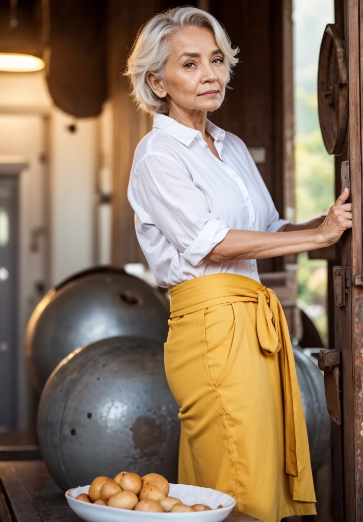 A mature old granny woman, 65 years old, in a white shirt is standing next to a counter. She is holding a yellow cloth.