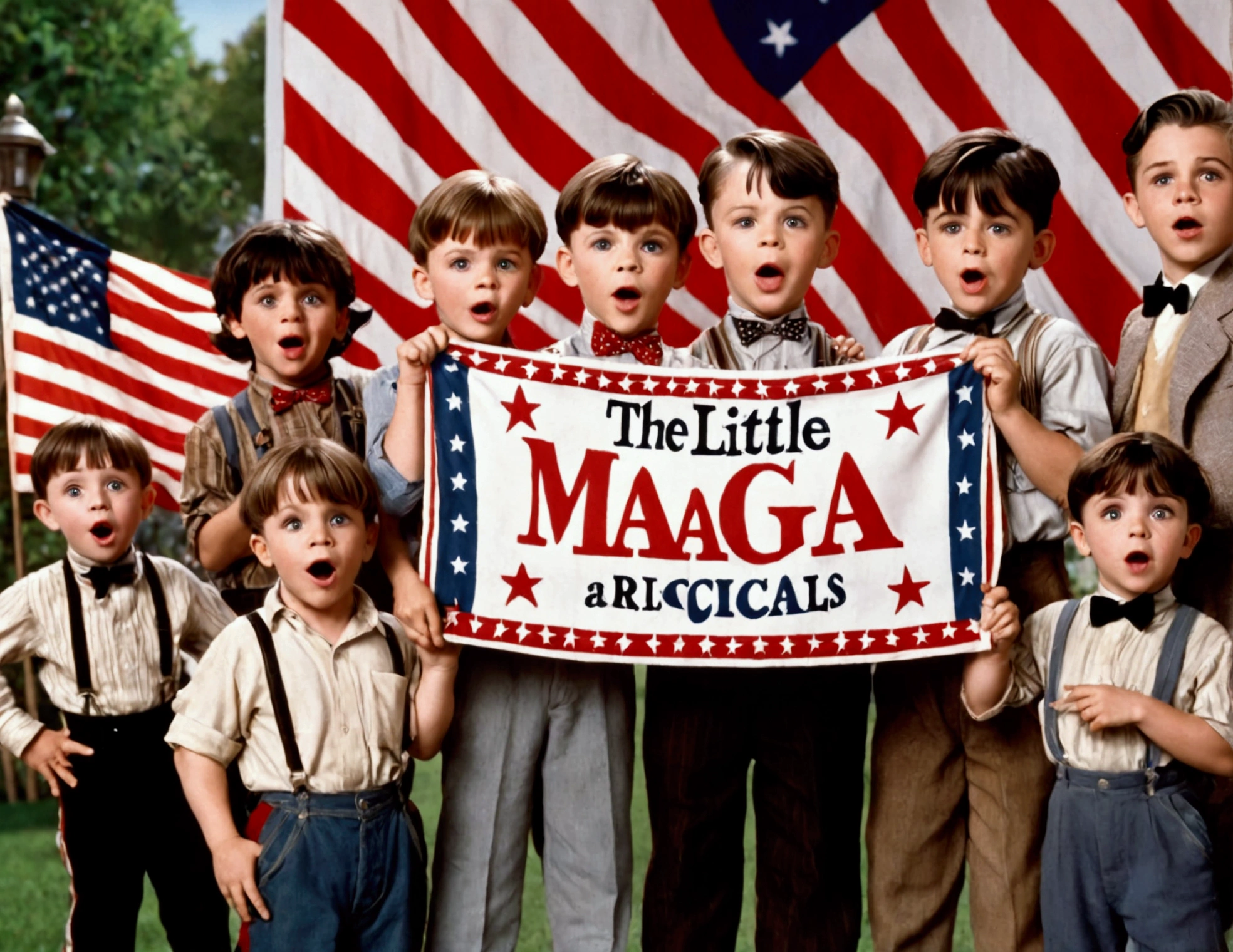 Classic TV, the little rascals, playfully hold up a MAGA banner, An american flag in the background