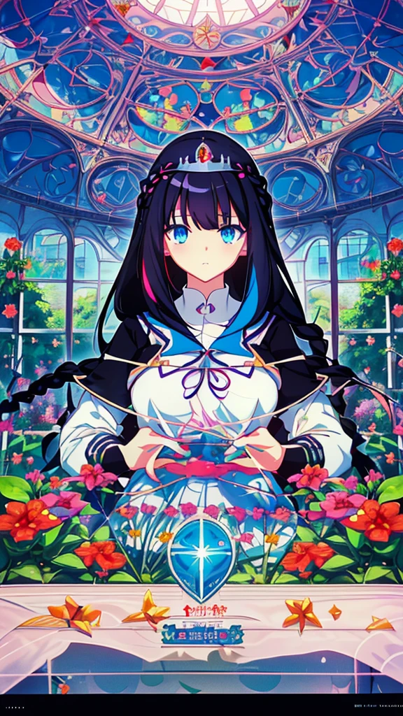 best quality, extremely detailed,anime style girl,long hair down to the waist, straight hair, ((dark black hair with bluish)),braid,beautiful detailed eyes, pinched eyes, (dark blue eyes),huge breasts,curvy,((((white main brightly colored princess school uniform)))),clothing with complex patterns,cool expression,((((school garden)))),((Diagonal angle))