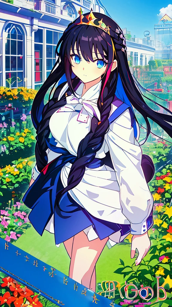 best quality, extremely detailed,anime style girl,long hair down to the waist, straight hair, ((dark black hair with bluish)),braid,beautiful detailed eyes, pinched eyes, (dark blue eyes),huge breasts,curvy,((((white main brightly colored princess school uniform)))),clothing with complex patterns,cool expression,((((school garden)))),((Diagonal angle))