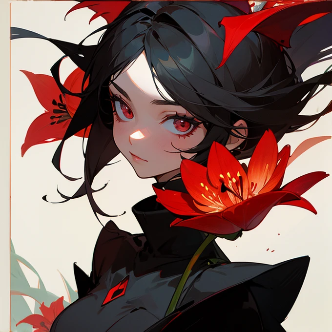 Darker female character holding a red lily flower