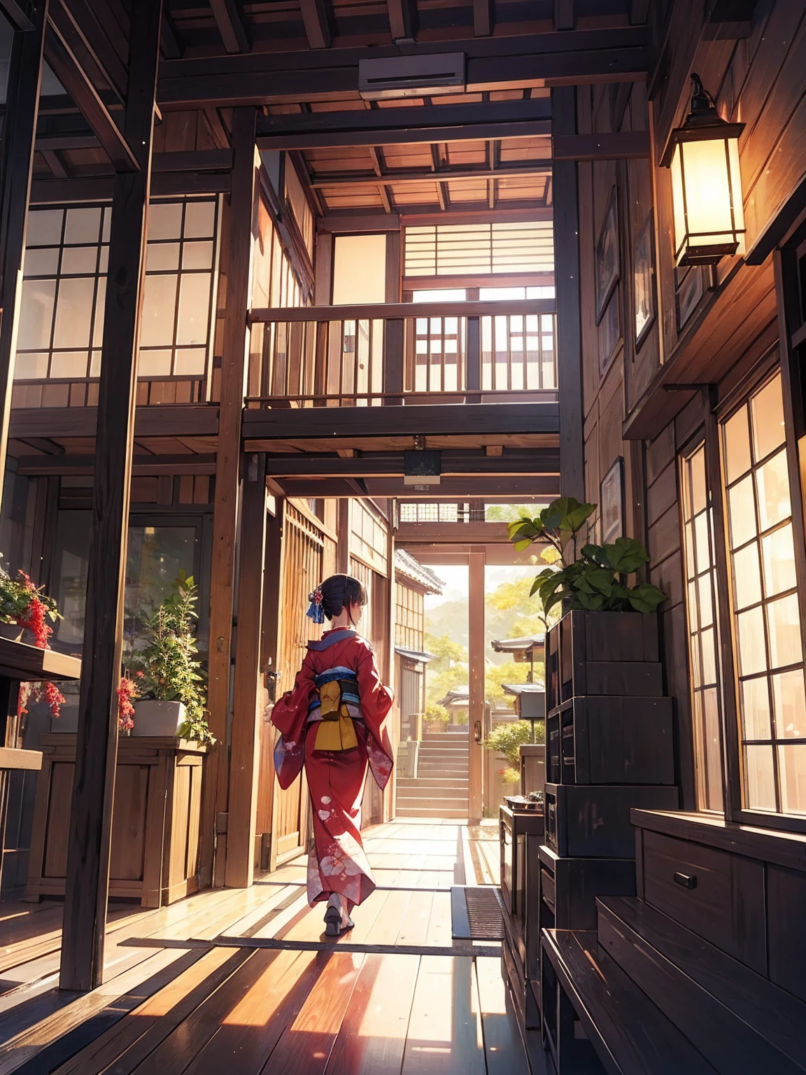 Wooden labyrinth, Nape, Woman in kimono, Scenery of Kyoto townhouses, indoor, Hierarchy