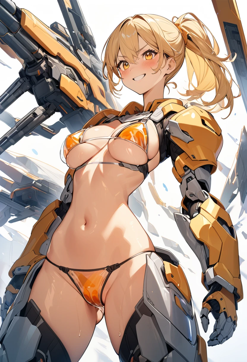Smiling girl in a revealing yellow and orange see-through mechanical bikini with shiny wet skin,Gal-like ponytail,Fully transparent glass textured bikini armor,水色ライトの透明なMechanical Armor,(Highest quality),(8k),Mechanical Armor,Show all,(Thinly visible genitals),Accentuated breasts,Mechanical firearms equipment,Eyebrows rise,Bullish expression,Blonde,Don't blush,Laugh with your mouth closed,Standing on a white floor,White background,(Show the whole body),View your viewers