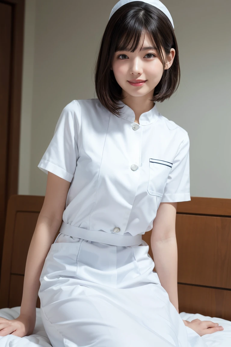 1 girl,(Wearing white nurse clothes:1.2),(RAW Photos, Highest quality), (Realistic, photo-Realistic:1.4), masterpiece, Very delicate and beautiful, Very detailed, 2k wallpaper, wonderful, finely, Very detailed CG unity 8k wallpaper, Very detailedな, High resolution, Soft Light, Beautiful detailed girl, Very detailed eyes and face, Beautiful and sophisticated nose, finely beautiful eyes, nurse, Perfect Anatomy, Black Hair, Upstyle, nurse uniform, Long skirt, nurse, White costume, thin, hospital, clear, White Uniform, hospital room, Neck auscultation,Bobcut、Flip up the skirt、20th Generation、smile