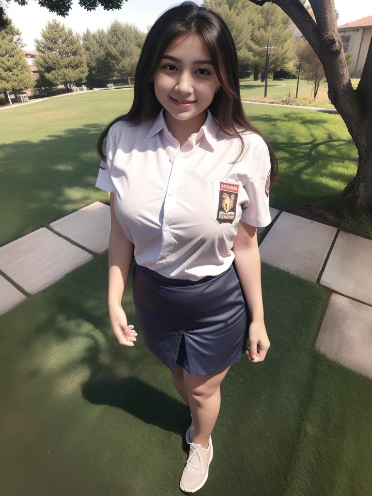 1girl, (uniform), standing, outdoors, (ultra wide angle shot: 1.4), beautiful scenery, thick breasts, shiny skin, short skirt, looking at the audience,(8k, RAW photo, best quality, masterpiece: 1.2), (realistic, realistic: 1.37), ultra-high resolution