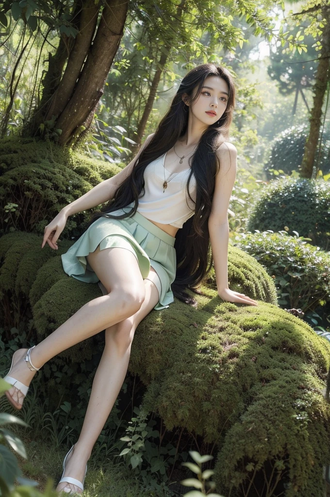 (((best quality))),(((ultra detailed))),(((masterpiece))),illustration,1girl, young, vibrant tiger-patterned skirt, long flowing hair, enchantment, wonder, striking attire, vivid stripes, ethereal glow, slender legs, youthful vitality, sun-kissed skin, fierceness, mischievous glint, adventure, white tank top, harmonious balance, ferocity, innocence, heart of the Black Forest, towering pines, lush undergrowth, verdant landscape, somber greens, dense foliage, moss-covered rocks, picturesque backdrop, bold choice of attire, mystical aura, beauty of nature, man and nature collide, timeless, enchanting narrative