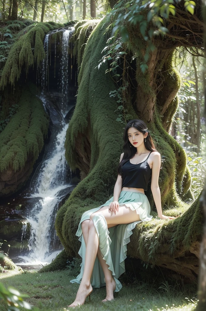 (((best quality))),(((ultra detailed))),(((masterpiece))),illustration,1girl, young, vibrant tiger-patterned skirt, long flowing hair, enchantment, wonder, striking attire, vivid stripes, ethereal glow, slender legs, youthful vitality, sun-kissed skin, fierceness, mischievous glint, adventure, white tank top, harmonious balance, ferocity, innocence, heart of the Black Forest, towering pines, lush undergrowth, verdant landscape, somber greens, dense foliage, moss-covered rocks, picturesque backdrop, bold choice of attire, mystical aura, beauty of nature, man and nature collide, timeless, enchanting narrative