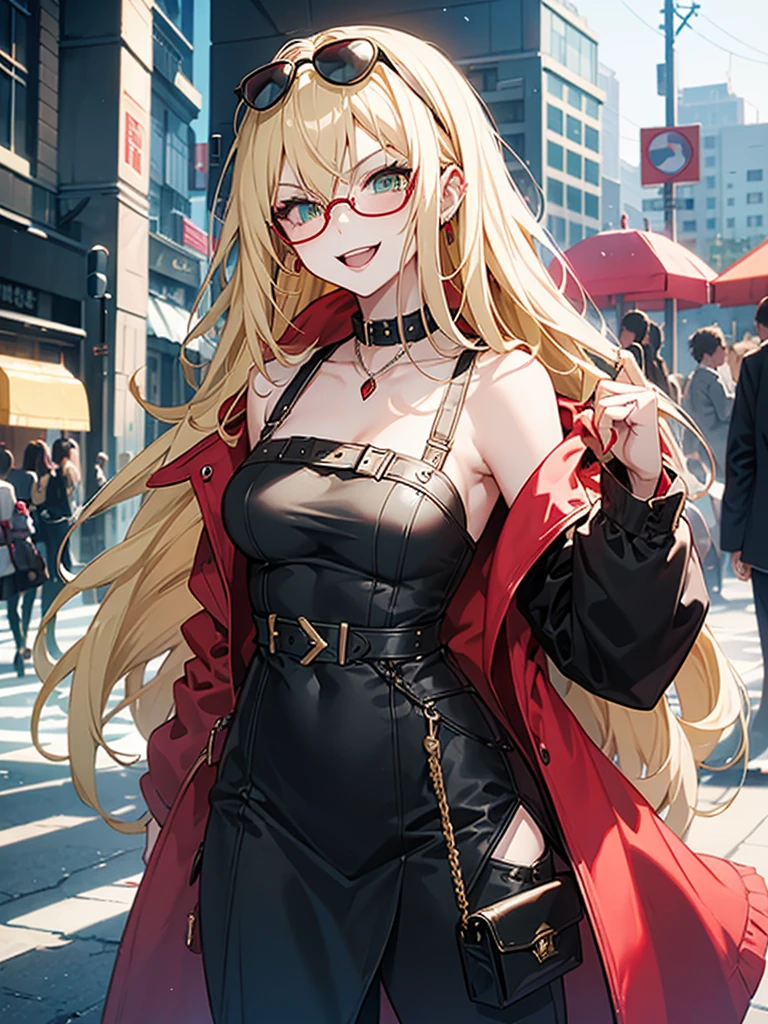 woman、Early 20s、Wicked Smile、Blonde、Long Hair、Green Eyes、Frameless sunglasses with red lenses、Face close-up、sexy、sexyなポーズ、Black tube top、Bright red long coat、R-18、City of night
